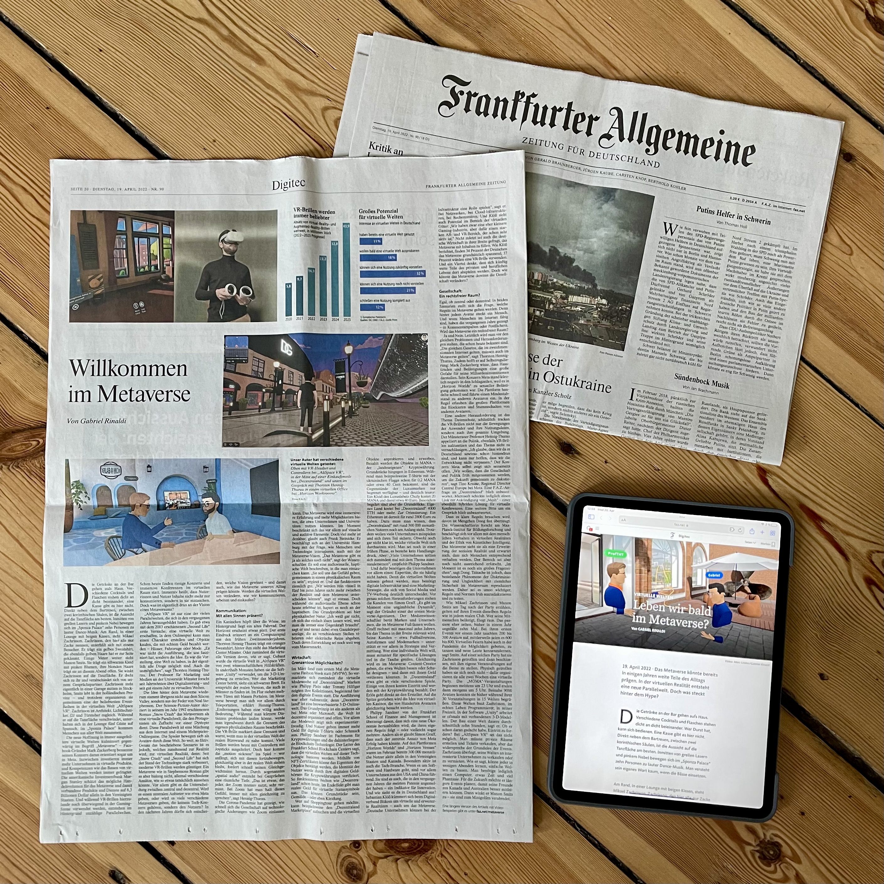 A newspaper and a tablet show an article about the Metaverse published in the Frankfurter Allgemeine Zeitung and on FAZ.NET, photographed by Gabriel Rinaldi